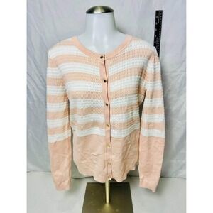 Calvin Klein ~ Women Striped Button Front Cardigan ~ Peach & White‎ ~ Size Small